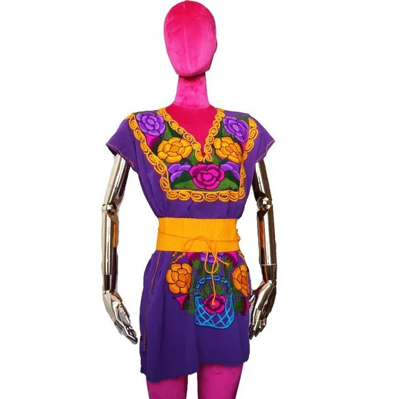 sachin and babi light blue dress Hand Embroidered Artisanal Dresses - Handmade Dress - Mexican Embroidered Dress | Color: Purple | Size: M